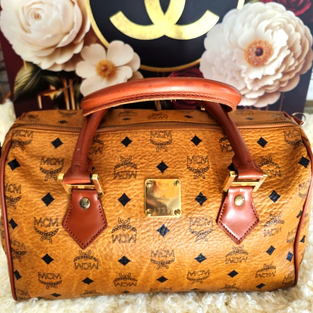 MCM Boston Cognac and Brown Monogram Satchel